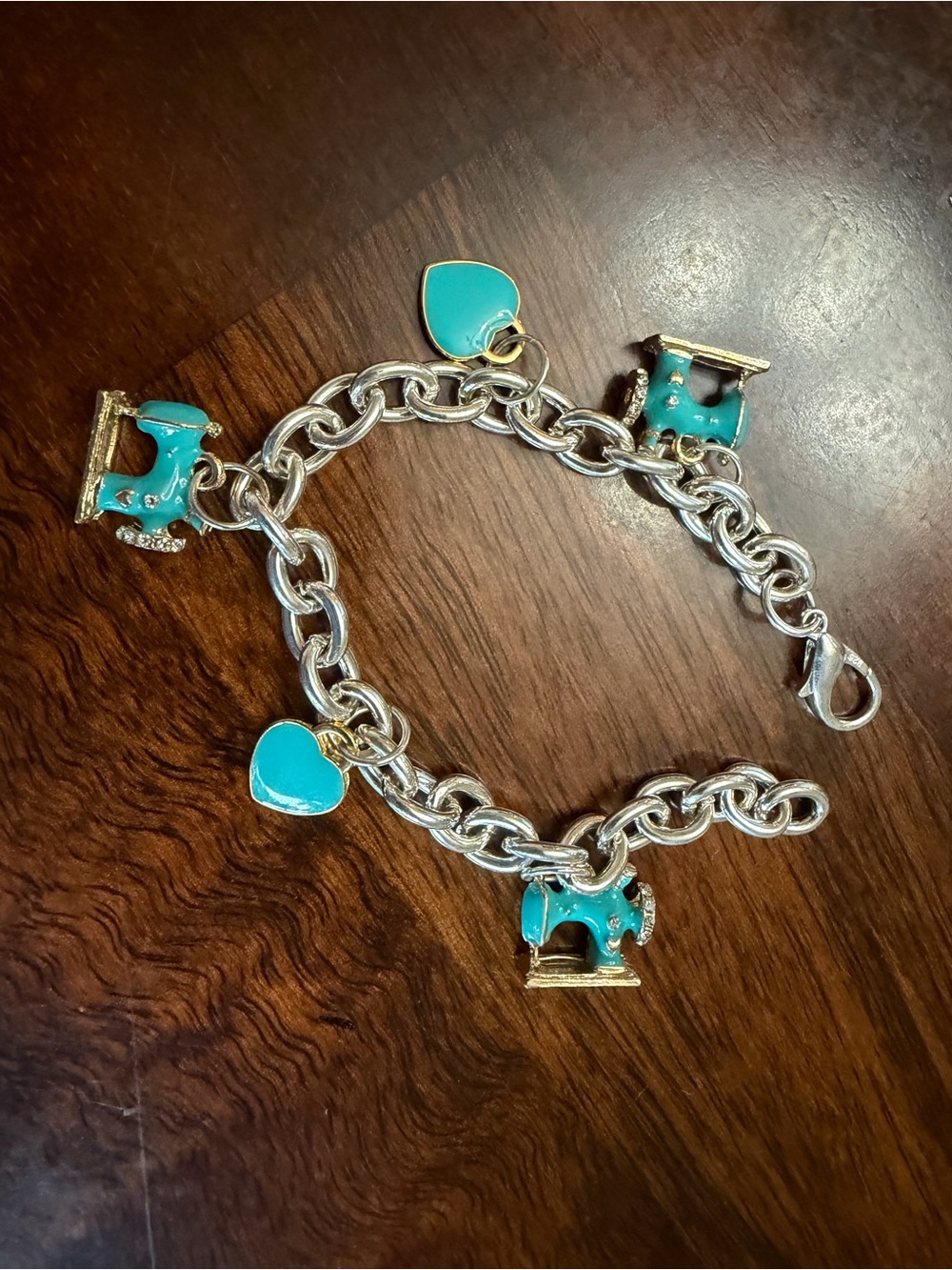 Turquoise Enamel Charm Bracelet with Hearts and Sewing Machines